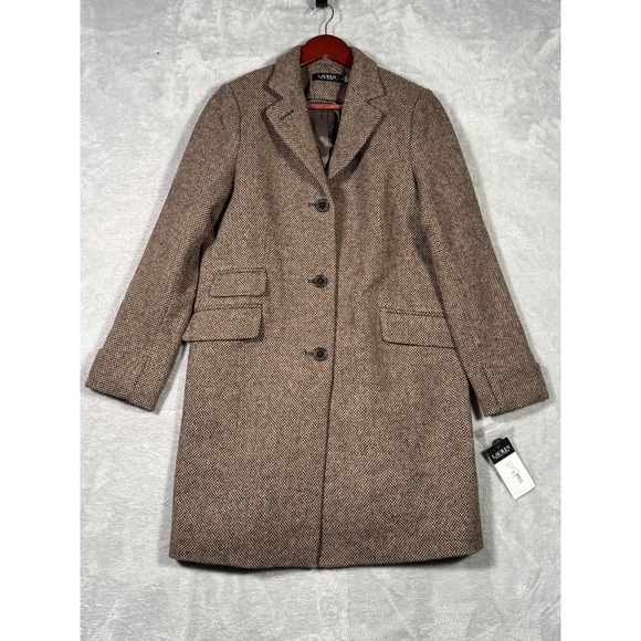 Lauren Ralph Lauren Coat Womens 8 Brown Wool Blend Broken Twill Reefer Classic - Picture 1 of 10